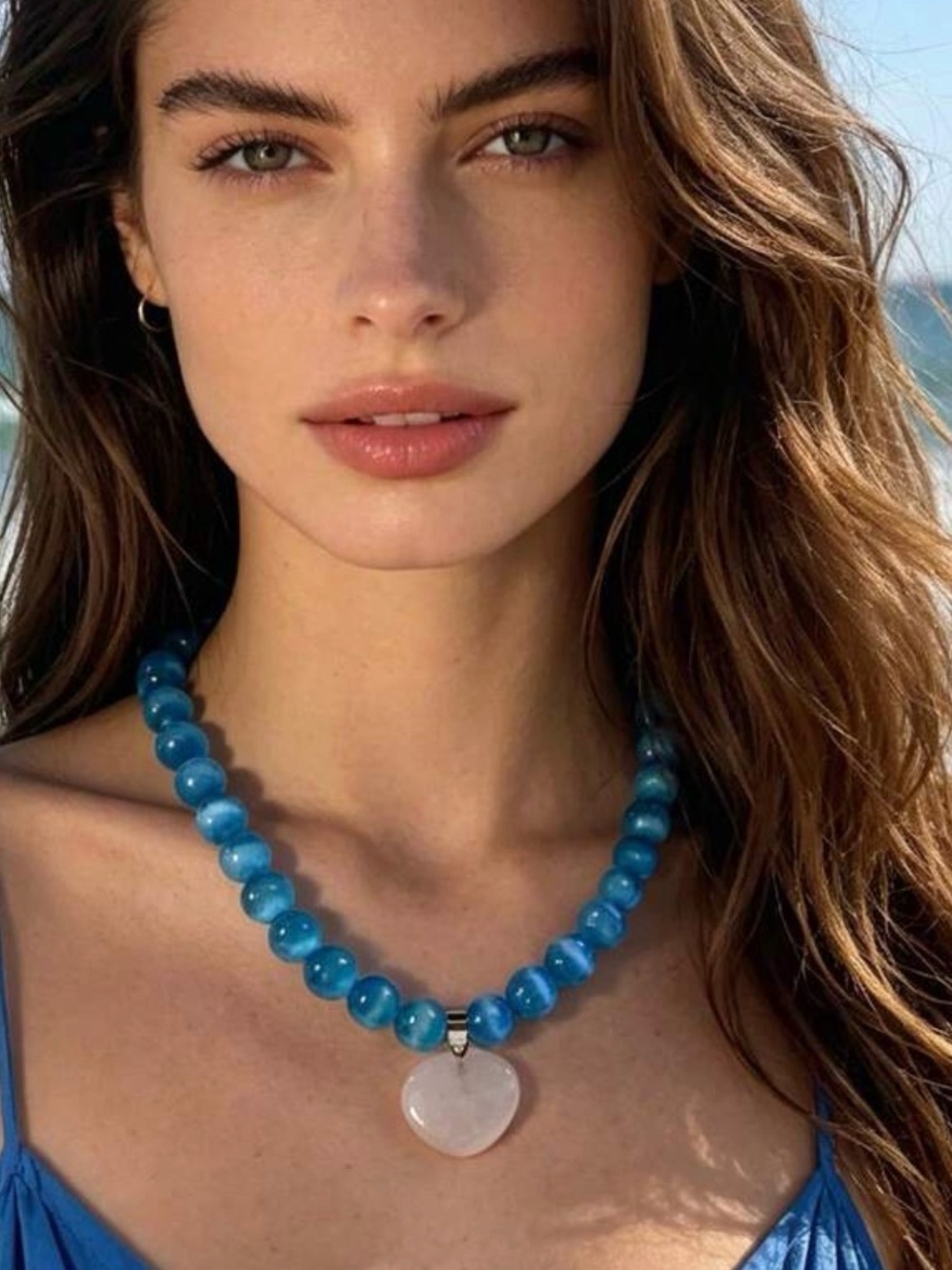 Blue Beaded Necklace with Rose Quartz Heart Pendant - Women Jewelry